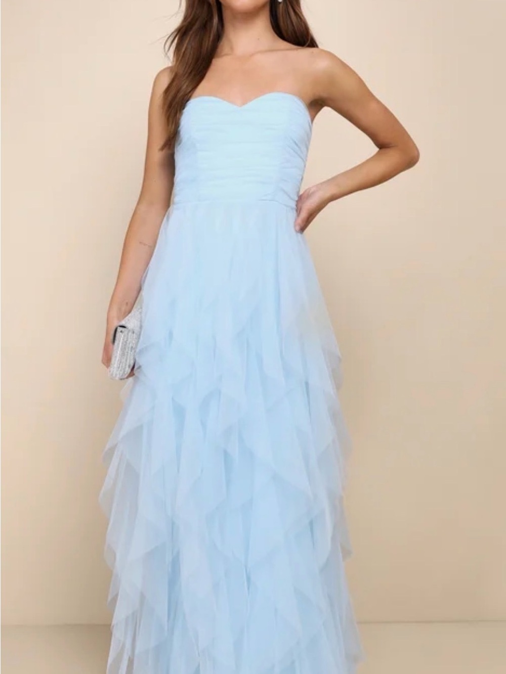 Lulu’s Light Blue Strapless Ruffled Tulle Gown